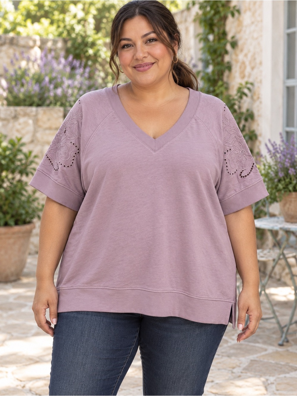Jane and Delancey Dusty Lavender V-Neck Eyelet Sleeve Top